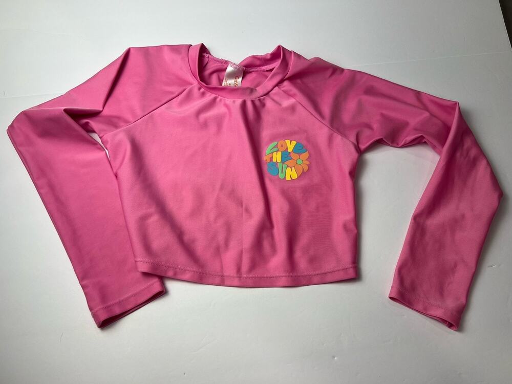Cat & Jack Girls Pink Solid Long Sleeve Rash Guard Swim Top, M (8)